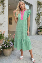 Load image into Gallery viewer, Summer Plaid V-Neck Ruffle Sleeve Tiered Midi Dress Bright Green / Small