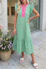 Load image into Gallery viewer, Summer Plaid V-Neck Ruffle Sleeve Tiered Midi Dress Bright Green / Small
