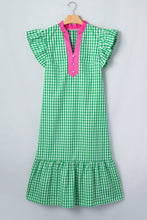 Load image into Gallery viewer, Summer Plaid V-Neck Ruffle Sleeve Tiered Midi Dress Bright Green / Medium
